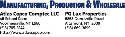 Manufacturing, Production & Wholesale Atlas Copco Comptec LLC 46 School Road Voorheesville, NY 12186 (518) 765 3344 h...